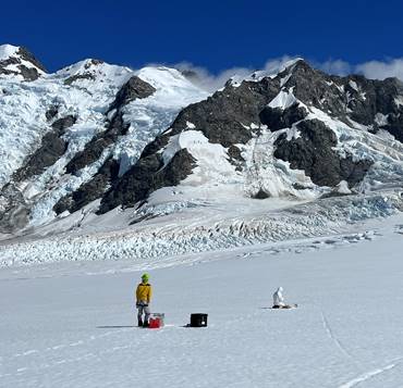 Two scientists on a mountain glacier
